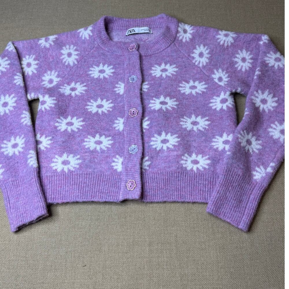 Zara Purple Med Daisy Floral Jacquard Knit Cardigan Sweater Flower Buttons